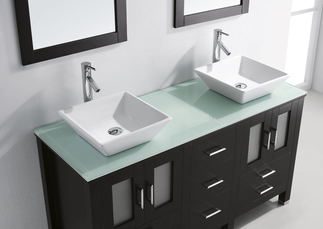 Virtu USA Bradford 60" Double Square Sink Espresso Top Vanity in Espresso with Brushed Nickel Faucet and Mirrors Vanity Virtu USA 