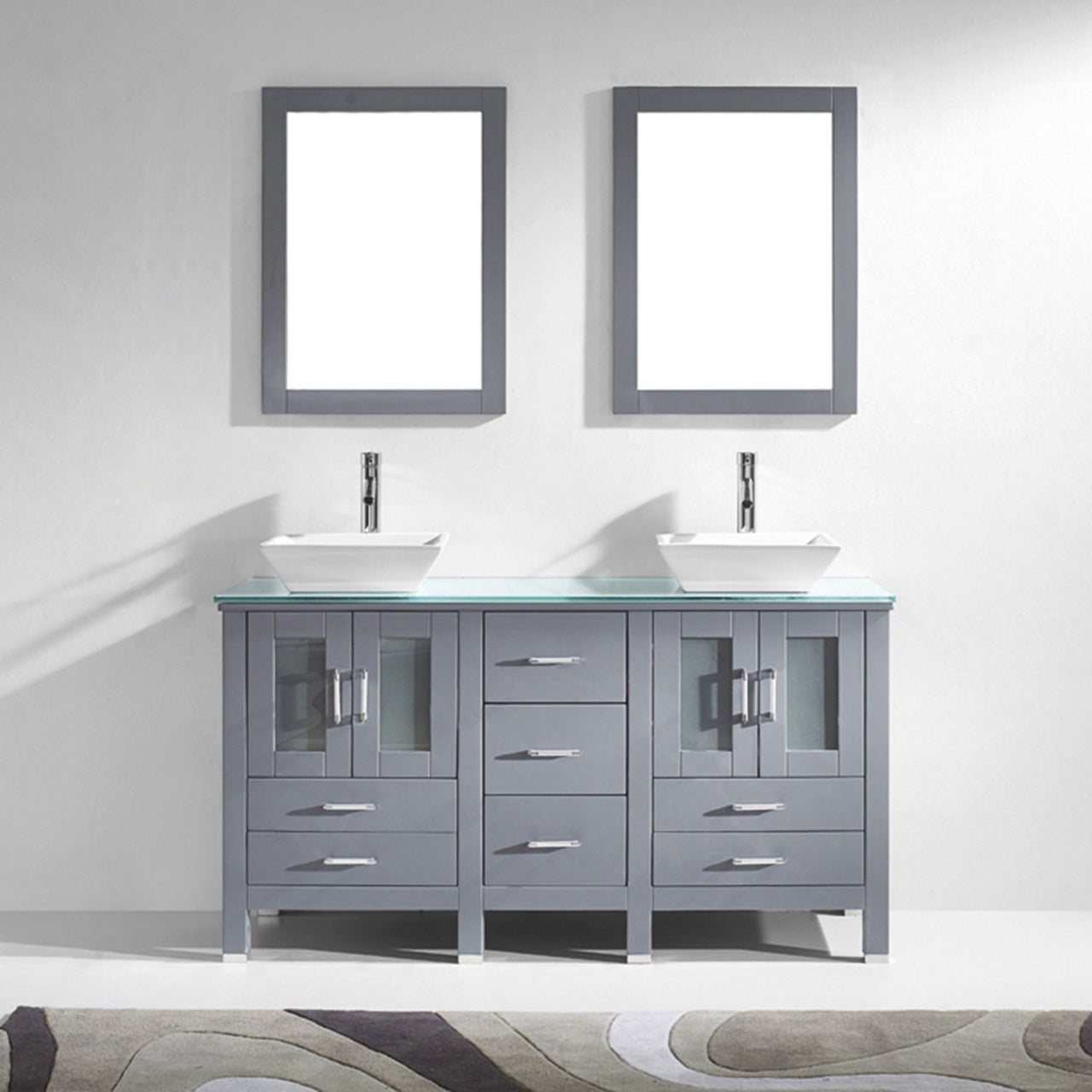 Virtu USA Bradford 60" Double Square Sink Grey Top Vanity in Grey with Polished Chrome Faucet and Mirrors Vanity Virtu USA 
