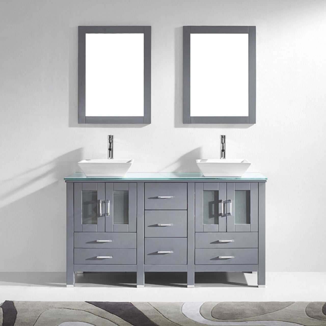 Virtu USA Bradford 60" Double Square Sink Grey Top with Brushed Nickel Faucet and Mirrors Vanity Virtu USA 