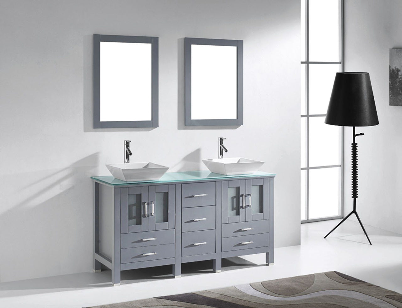 Virtu USA Bradford 60" Double Square Sink Grey Top Vanity in Grey with Polished Chrome Faucet and Mirrors Vanity Virtu USA 