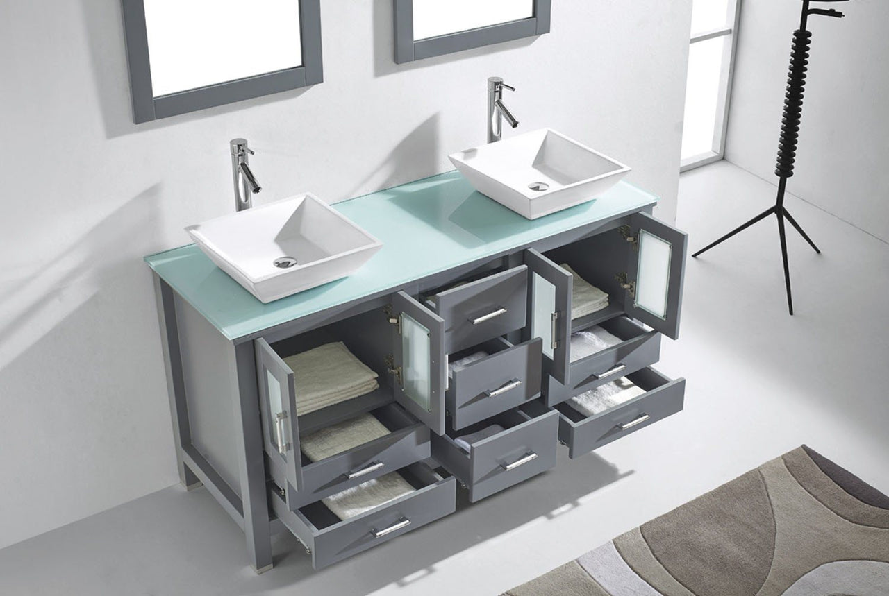 Virtu USA Bradford 60" Double Square Sink Grey Top with Brushed Nickel Faucet and Mirrors Vanity Virtu USA 