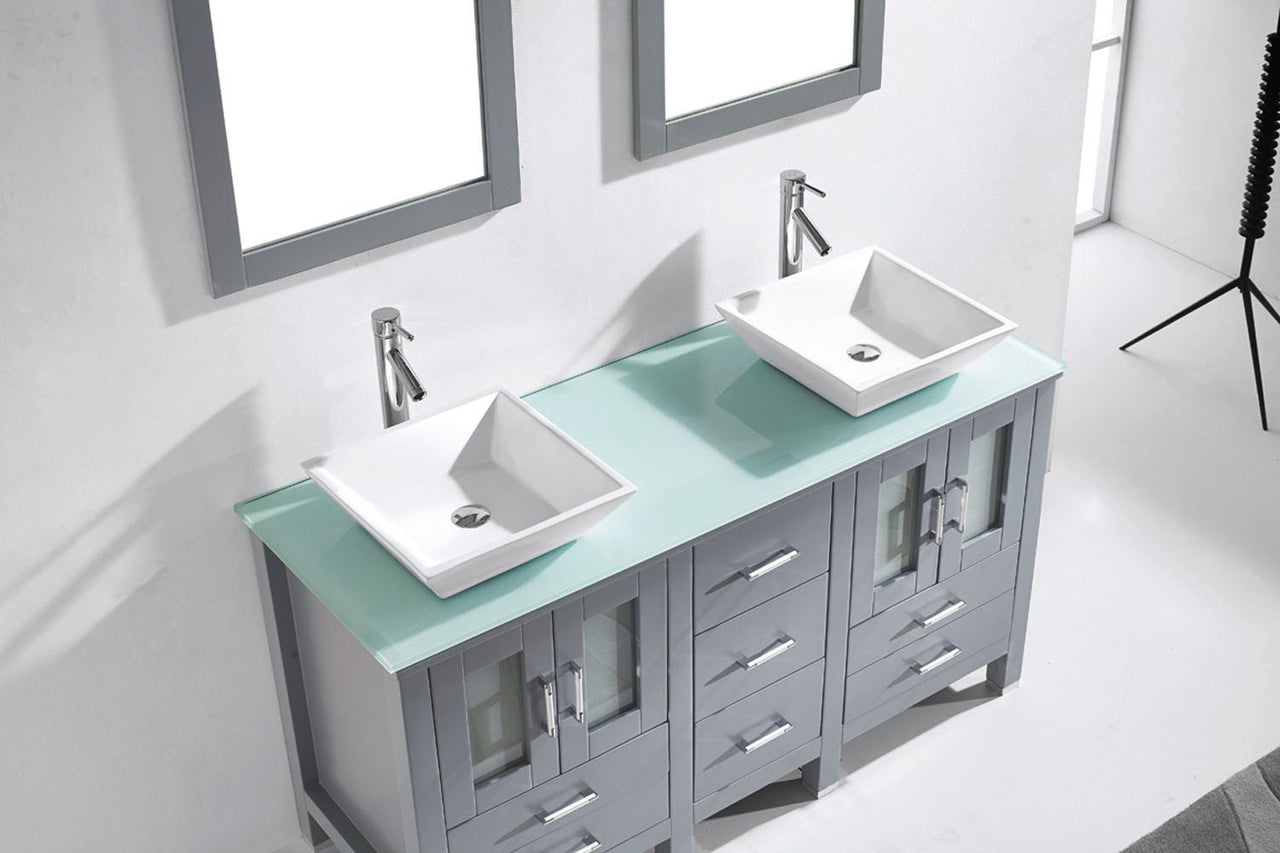 Virtu USA Bradford 60" Double Square Sink Grey Top Vanity in Grey with Polished Chrome Faucet and Mirrors Vanity Virtu USA 
