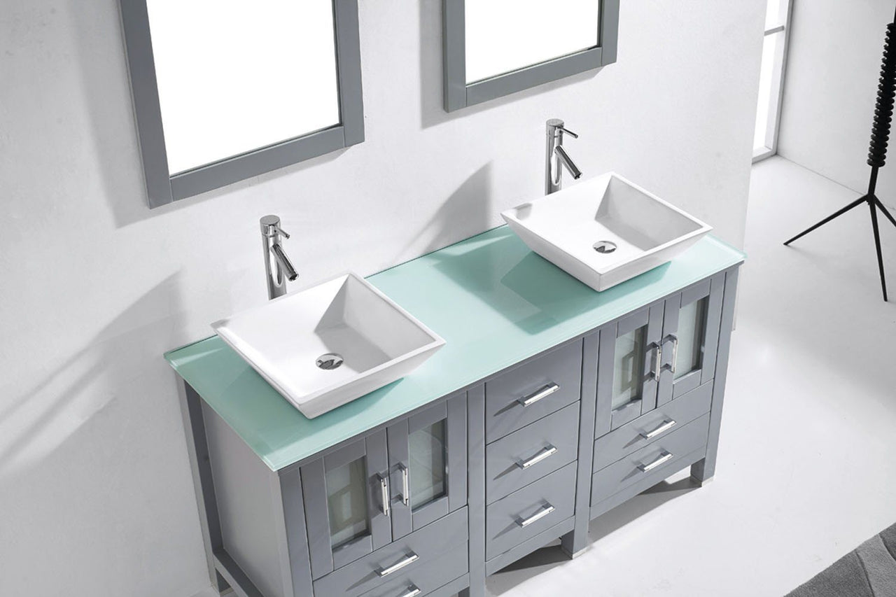 Virtu USA Bradford 60" Double Square Sink Grey Top with Brushed Nickel Faucet and Mirrors Vanity Virtu USA 