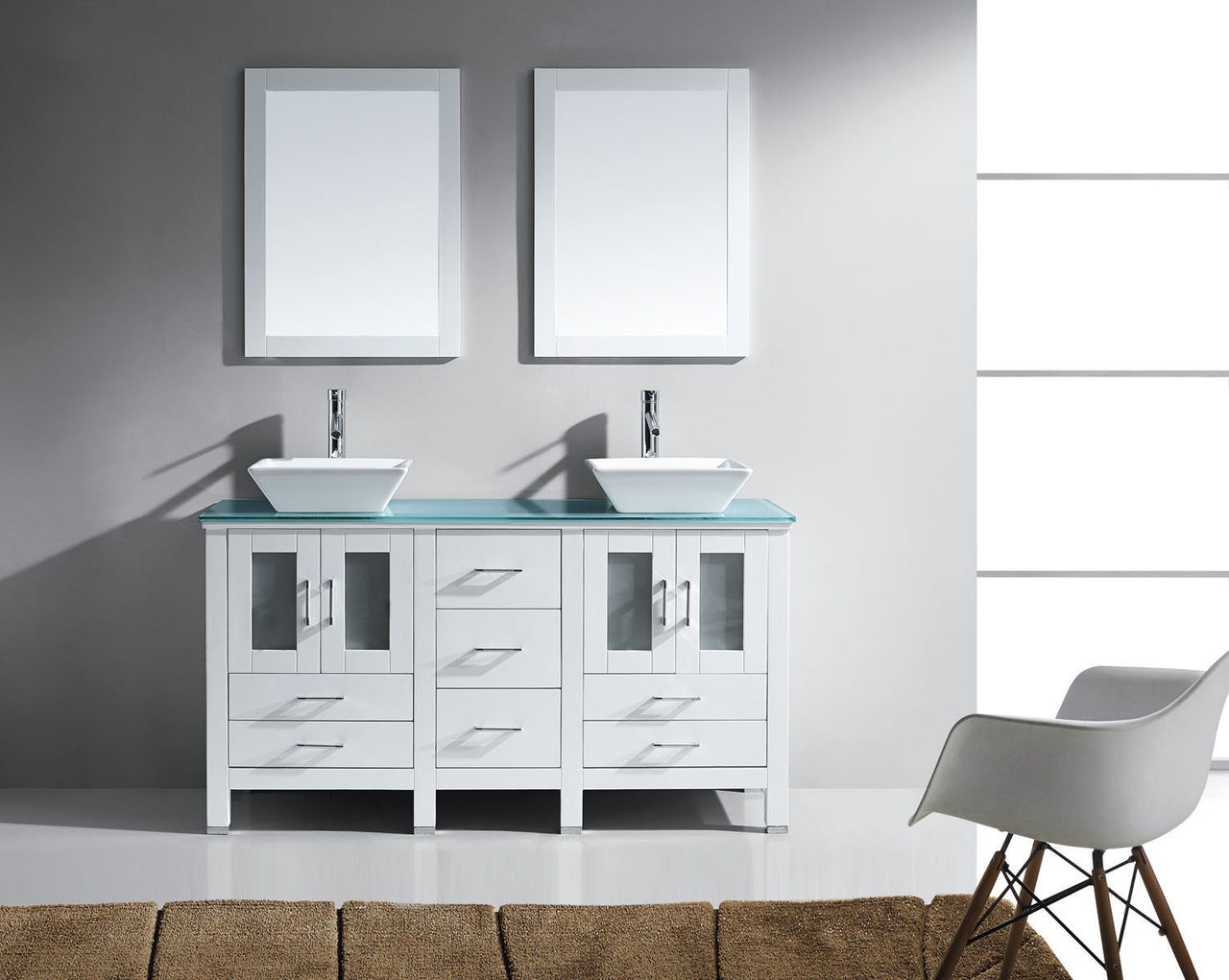 Virtu USA Bradford 60" Double Square Sink White Top Vanity in White with Polished Chrome Faucet and Mirrors Vanity Virtu USA 