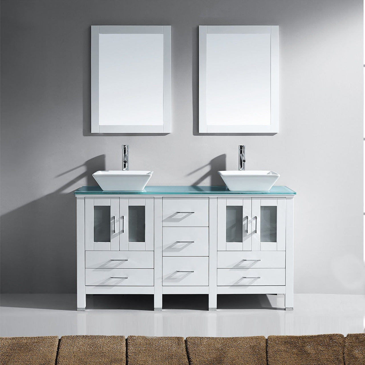 Virtu USA Bradford 60" Double Square Sink White Top Vanity in White with Brushed Nickel Faucet and Mirrors Vanity Virtu USA 