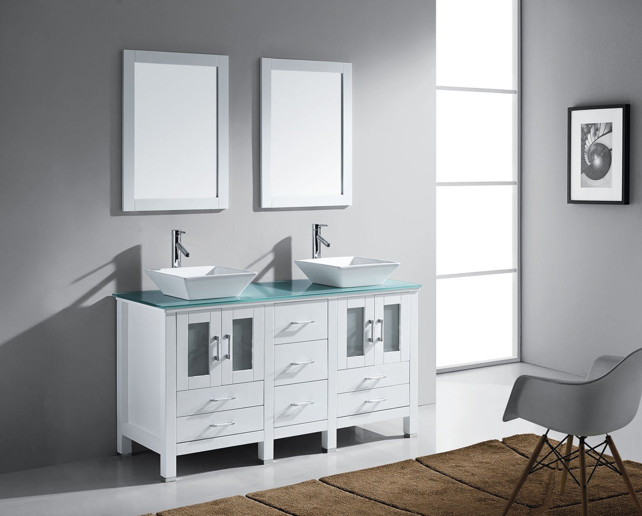 Virtu USA Bradford 60" Double Square Sink White Top Vanity in White with Polished Chrome Faucet and Mirrors Vanity Virtu USA 