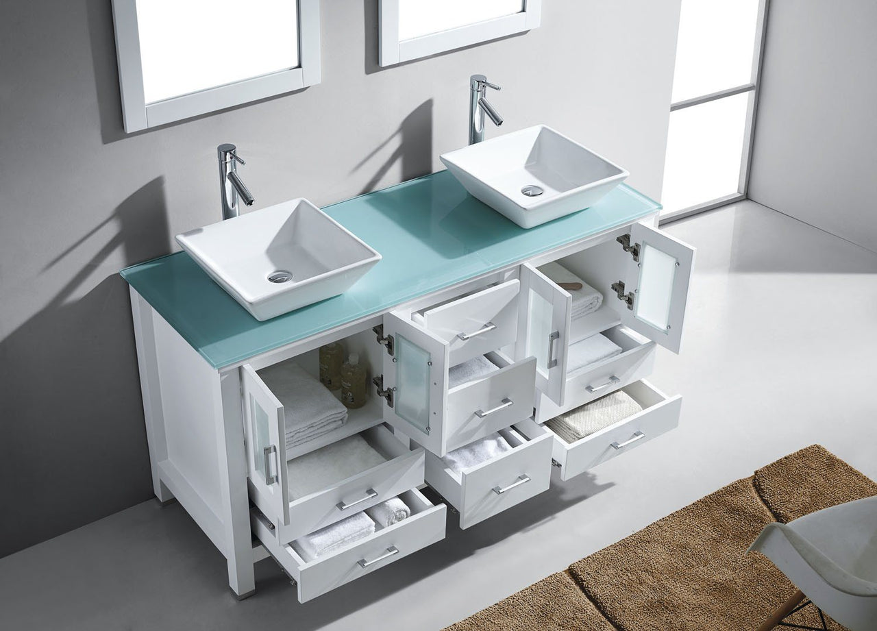 Virtu USA Bradford 60" Double Square Sink White Top Vanity in White with Polished Chrome Faucet and Mirrors Vanity Virtu USA 