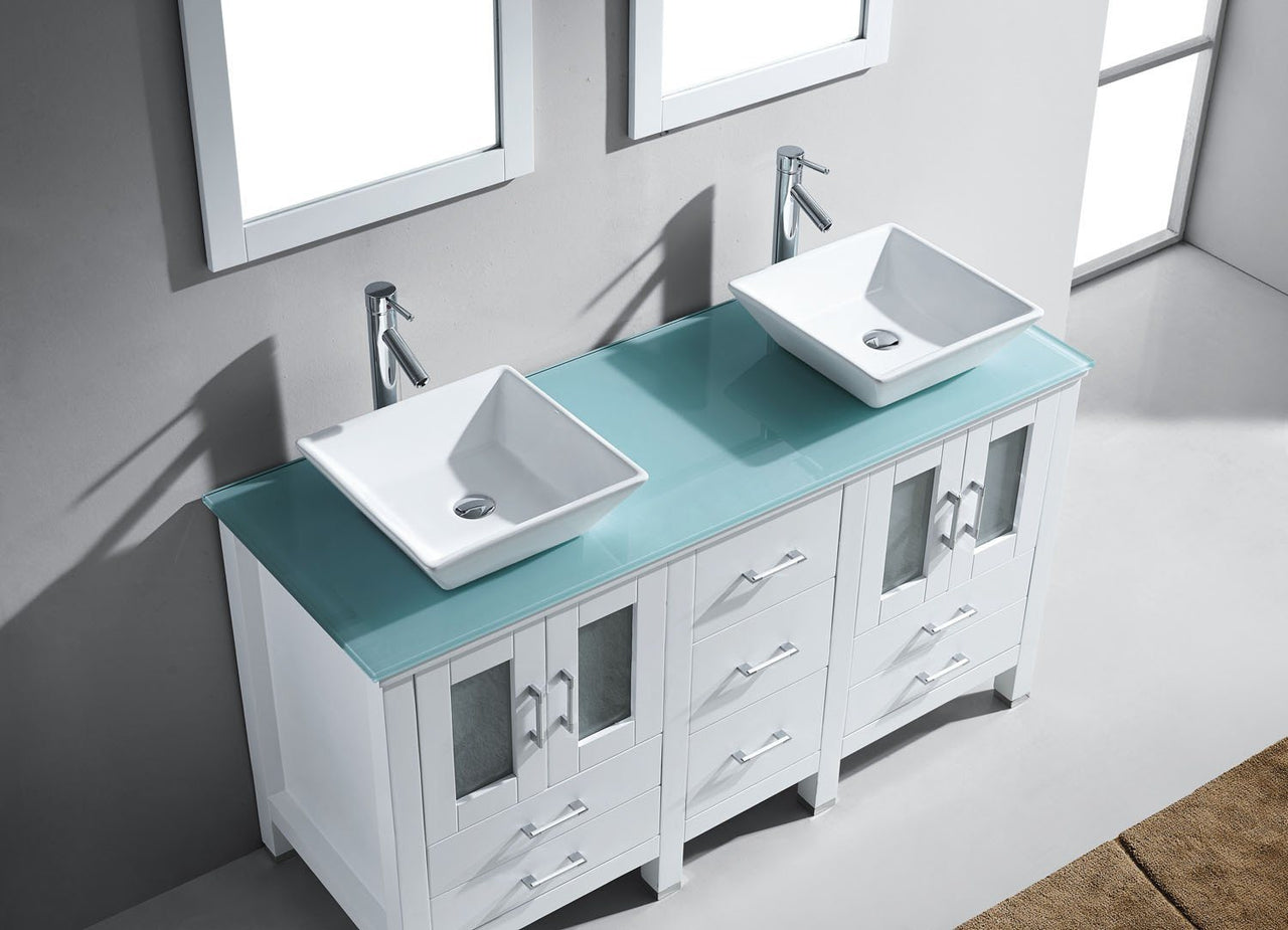 Virtu USA Bradford 60" Double Square Sink White Top Vanity in White with Brushed Nickel Faucet and Mirrors Vanity Virtu USA 