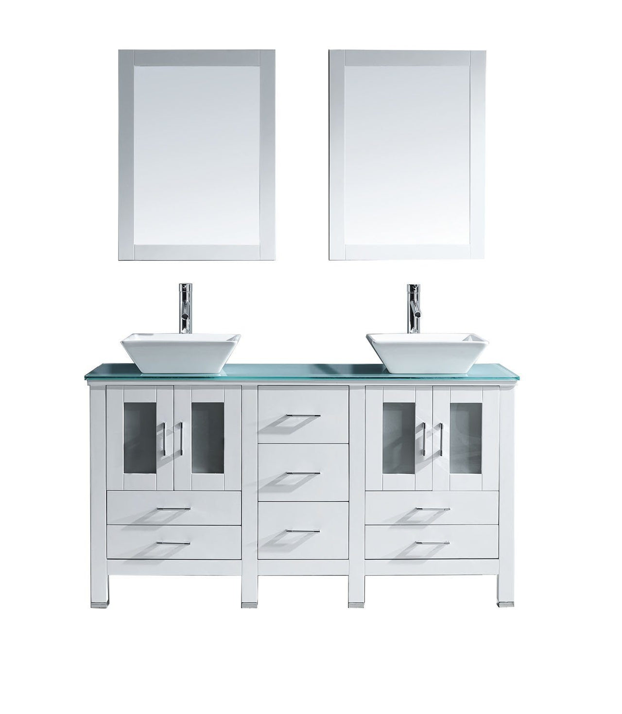 Virtu USA Bradford 60" Double Square Sink White Top Vanity in White with Polished Chrome Faucet and Mirrors Vanity Virtu USA 