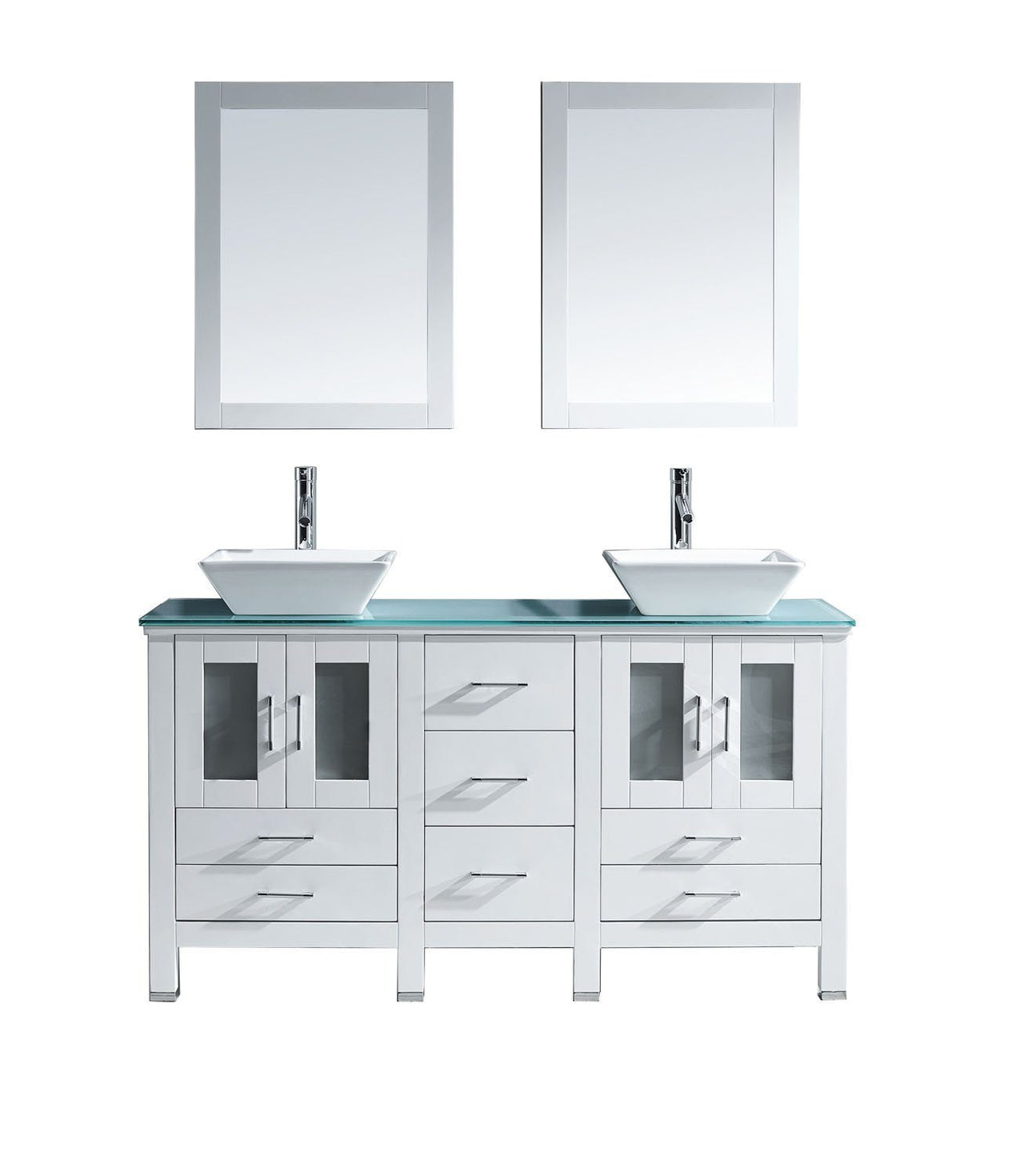Virtu USA Bradford 60" Double Square Sink White Top Vanity in White with Brushed Nickel Faucet and Mirrors Vanity Virtu USA 