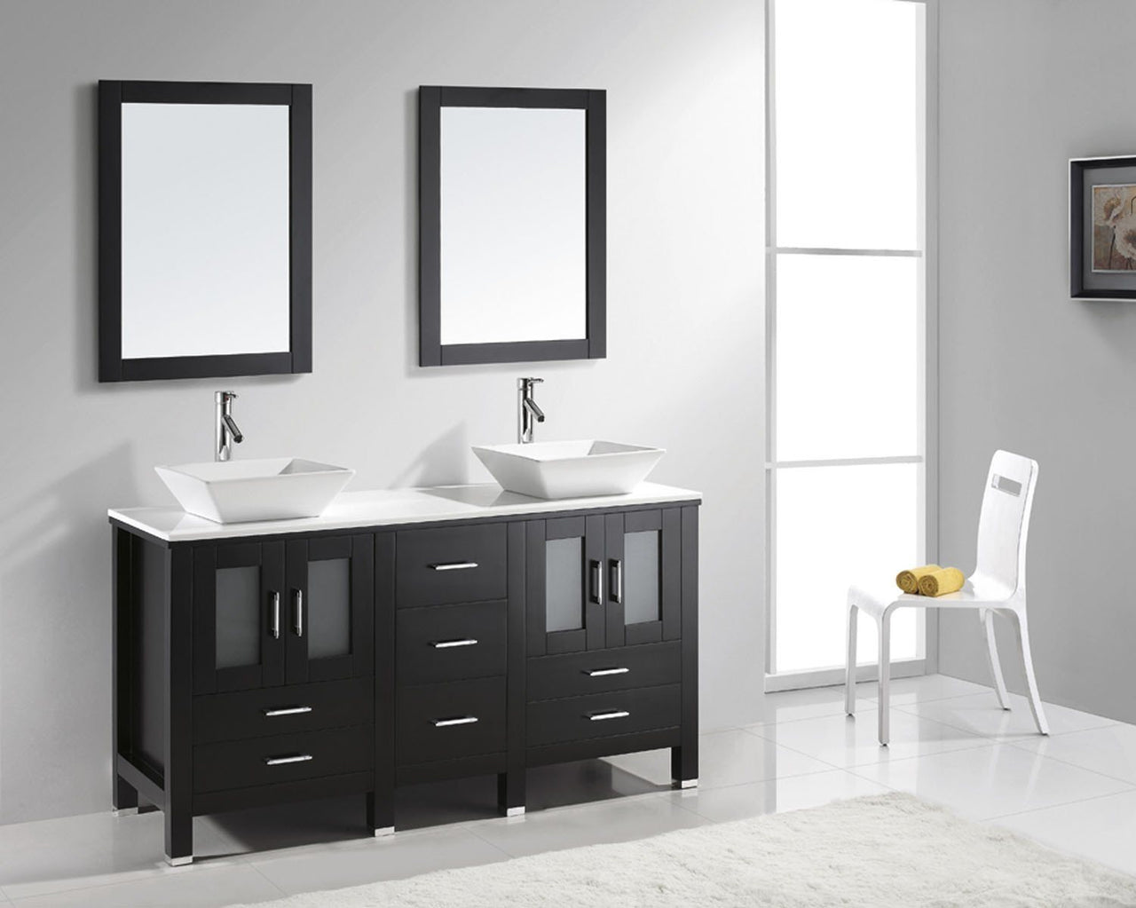 Virtu USA Bradford 60" Double Square Sink Espresso Top with Polished Chrome Faucet and Mirrors Vanity Virtu USA 