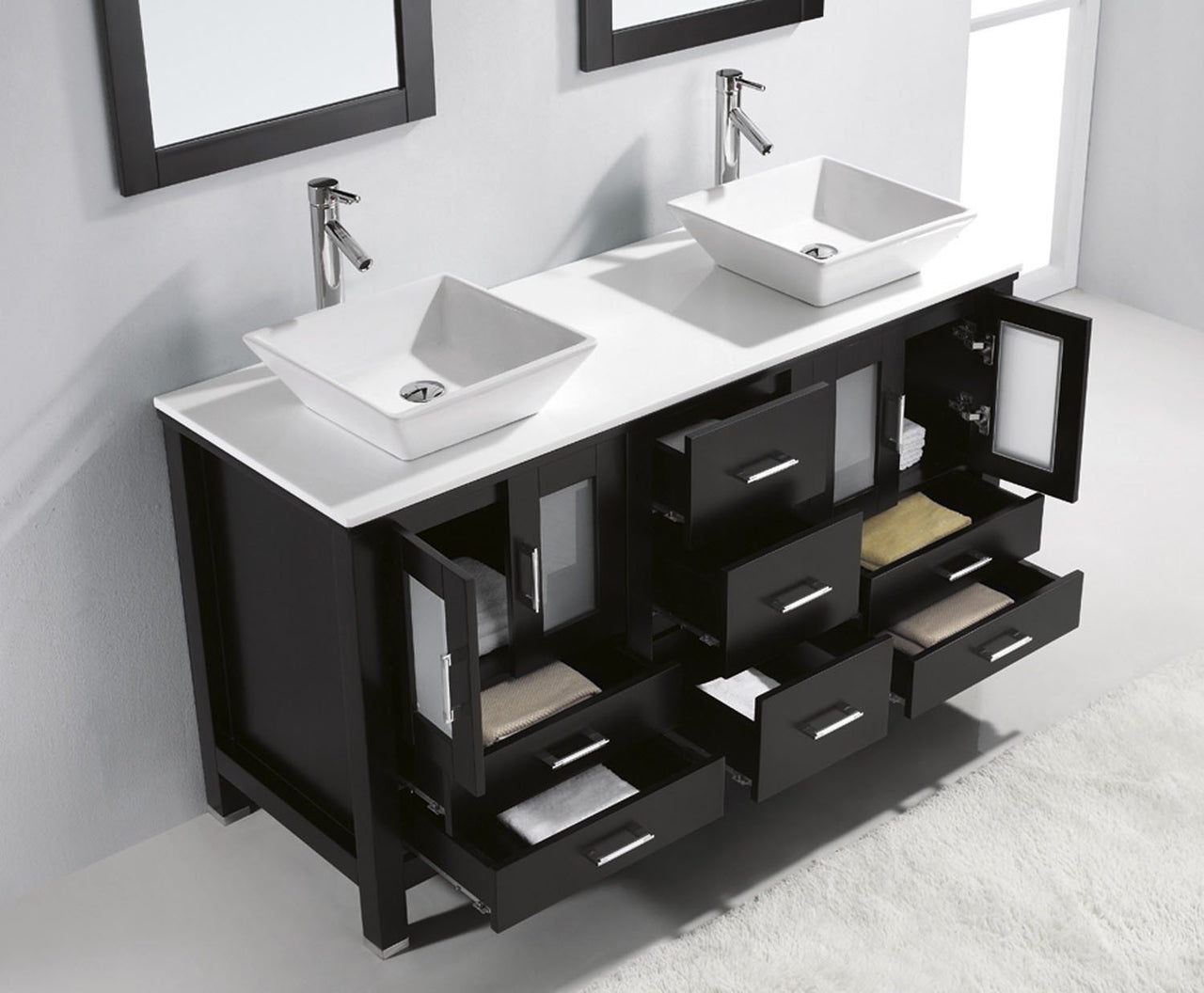 Virtu USA Bradford 60" Double Square Sink Espresso Top with Polished Chrome Faucet and Mirrors Vanity Virtu USA 