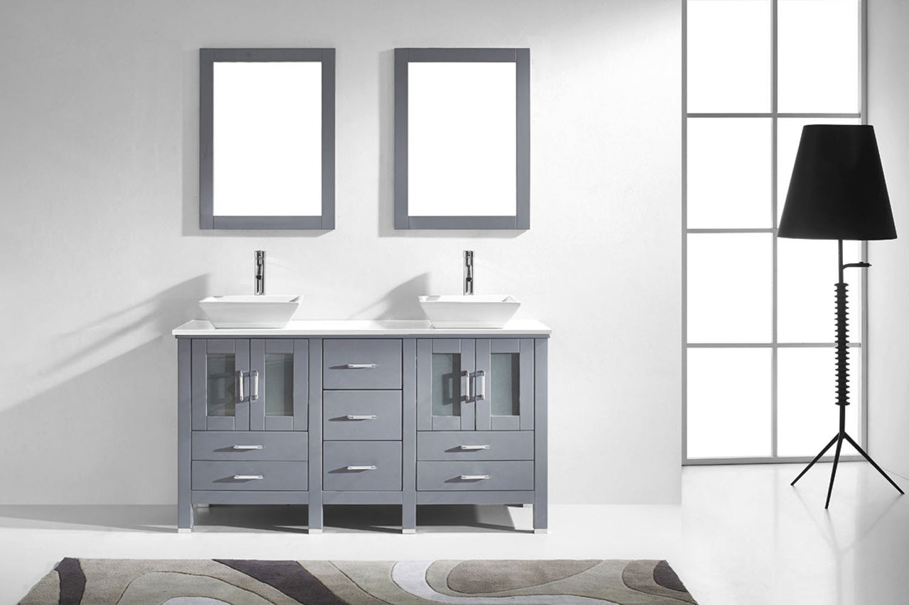 Virtu USA Bradford 60" Double Square Sink Grey Top with Brushed Nickel Faucet and Mirrors Vanity Virtu USA 