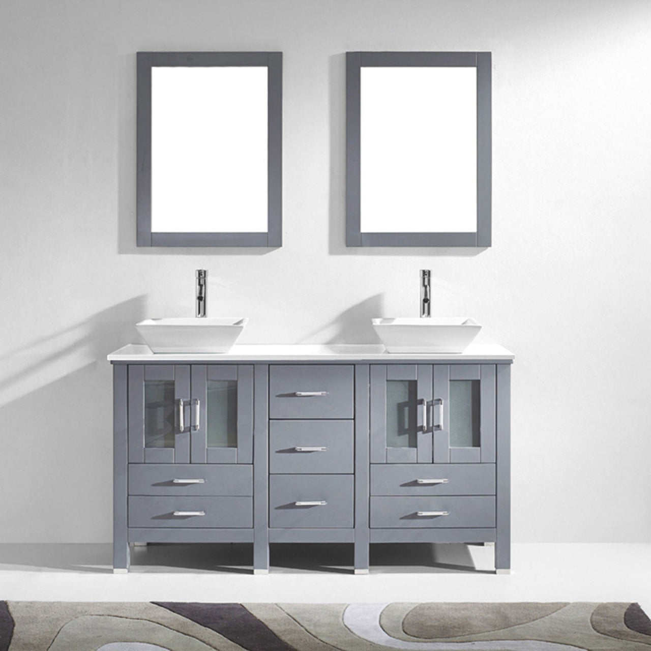 Virtu USA Bradford 60" Double Square Sink Grey Top with Brushed Nickel Faucet and Mirrors Vanity Virtu USA 