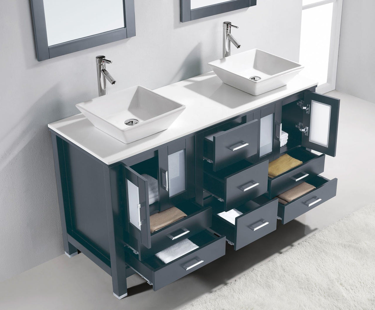 Virtu USA Bradford 60" Double Square Sink Grey Top with Brushed Nickel Faucet and Mirrors Vanity Virtu USA 