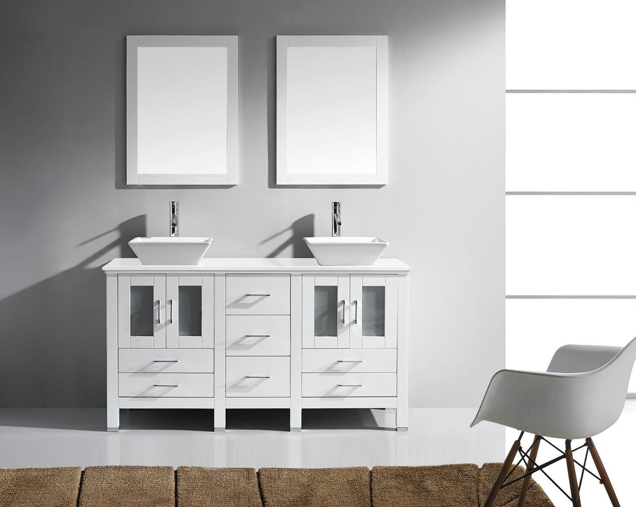Virtu USA Bradford 60" Double Square Sink White Top Vanity in White with Polished Chrome Faucet and Mirrors Vanity Virtu USA 