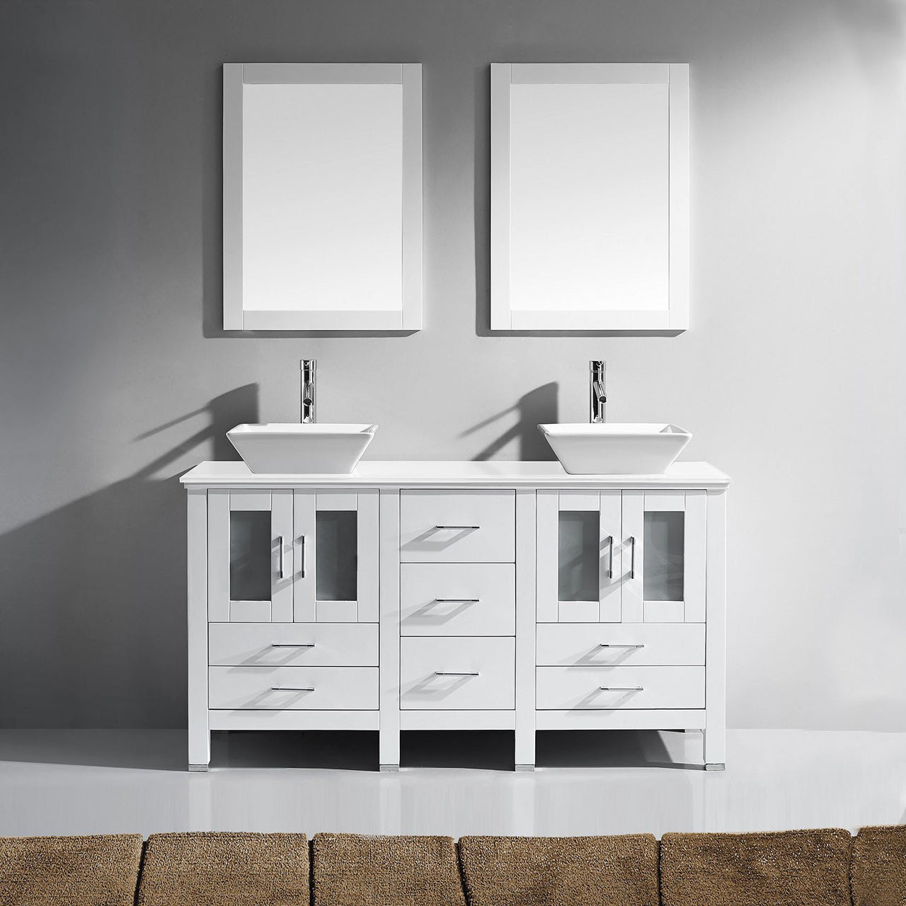 Virtu USA Bradford 60" Double Square Sink White Top Vanity in White with Polished Chrome Faucet and Mirrors Vanity Virtu USA 
