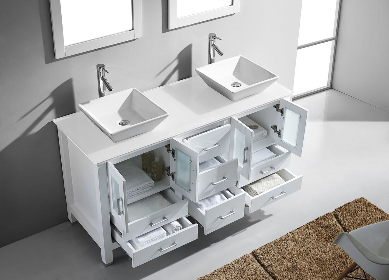 Virtu USA Bradford 60" Double Square Sink White Top with Brushed Nickel Faucet and Mirrors Vanity Virtu USA 