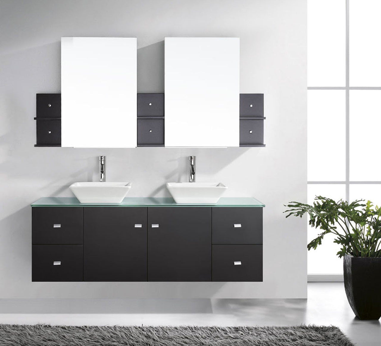 Virtu USA Clarissa 61" Double Square Sink Espresso Top with Polished Chrome Faucet and Mirrors Vanity Virtu USA 