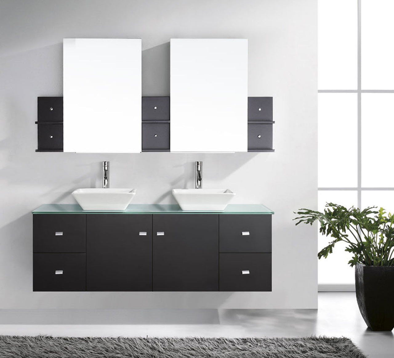 Virtu USA Clarissa 61" Double Square Sink Espresso Top with Brushed Nickel Faucet and Mirrors Vanity Virtu USA 