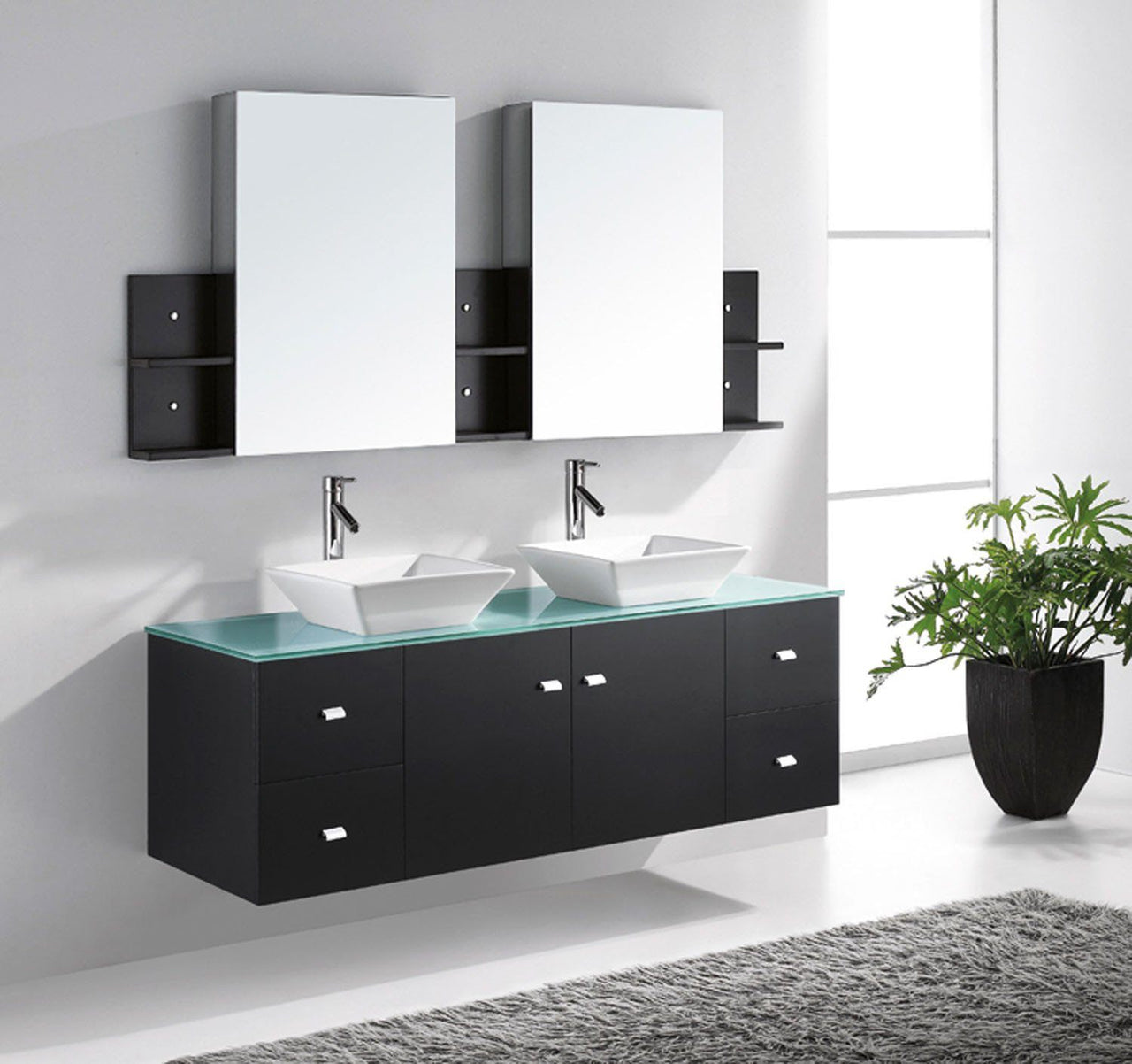 Virtu USA Clarissa 61" Double Square Sink Espresso Top with Polished Chrome Faucet and Mirrors Vanity Virtu USA 