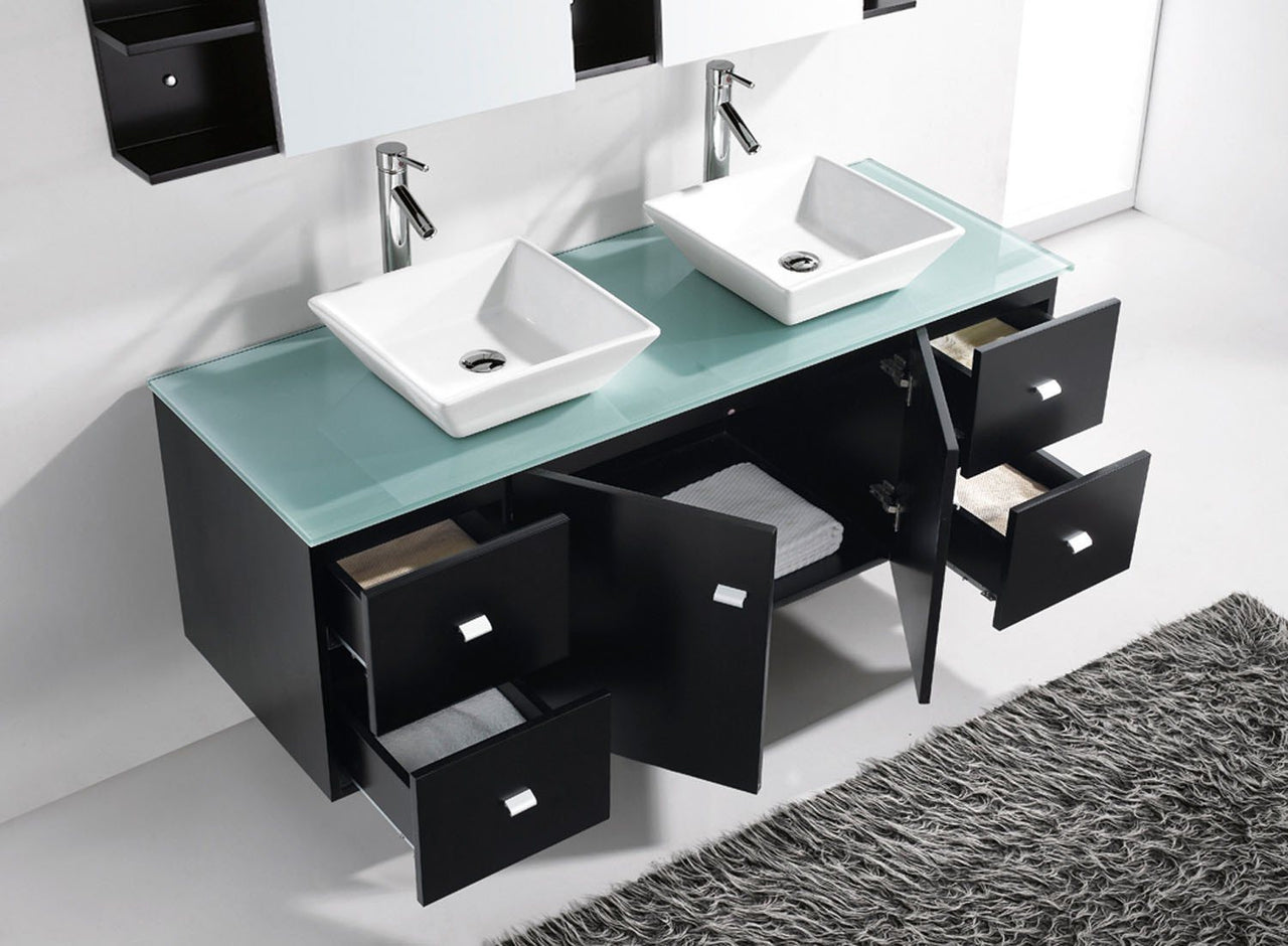 Virtu USA Clarissa 61" Double Square Sink Espresso Top with Polished Chrome Faucet and Mirrors Vanity Virtu USA 