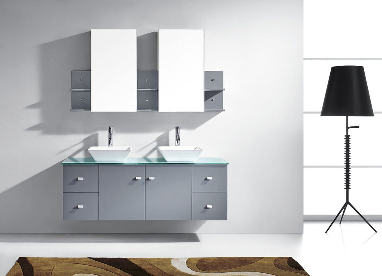 Virtu USA Clarissa 61" Double Square Sink Grey Top Vanity in Grey with Polished Chrome Faucet and Mirrors Vanity Virtu USA 