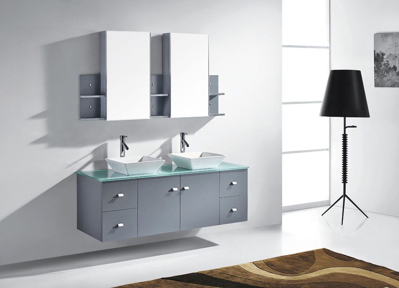 Virtu USA Clarissa 61" Double Square Sink Grey Top Vanity in Grey with Polished Chrome Faucet and Mirrors Vanity Virtu USA 