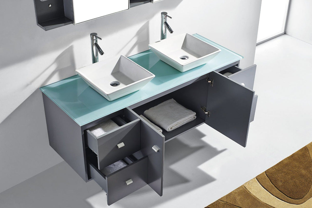 Virtu USA Clarissa 61" Double Square Sink Grey Top Vanity in Grey with Polished Chrome Faucet and Mirrors Vanity Virtu USA 