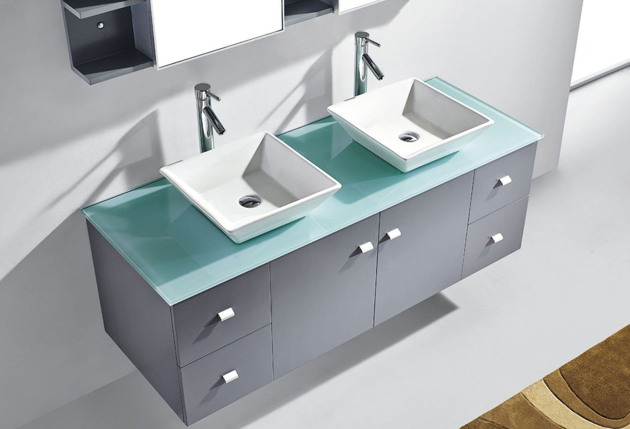 Virtu USA Clarissa 61" Double Square Sink Grey Top Vanity in Grey with Polished Chrome Faucet and Mirrors Vanity Virtu USA 