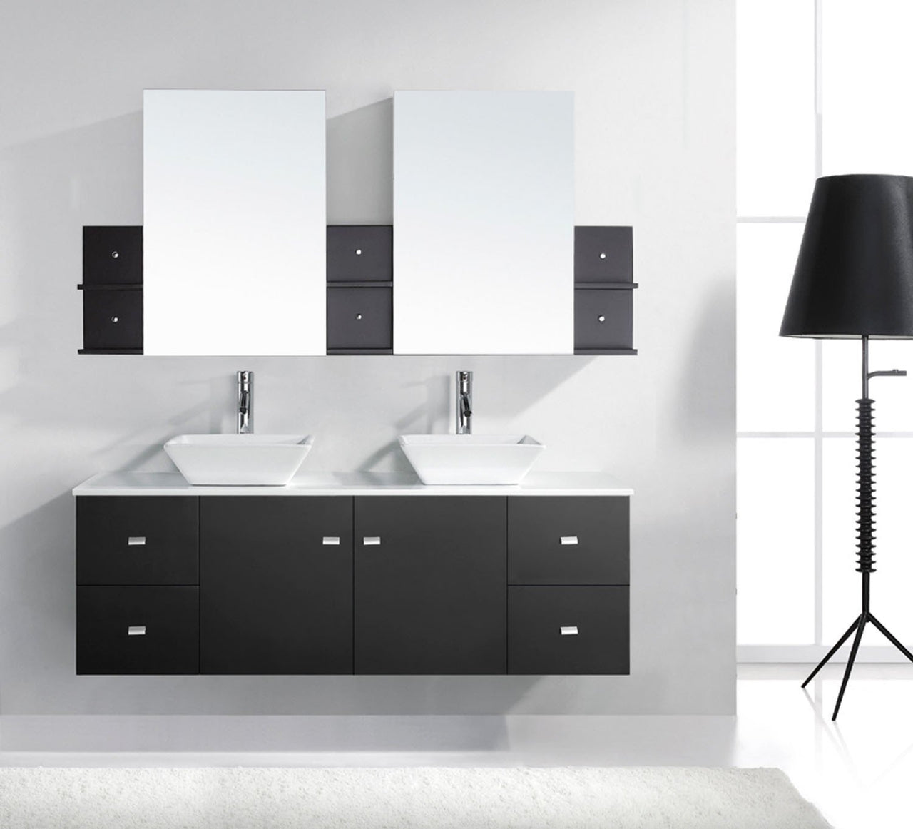 Virtu USA Clarissa 61" Double Square Sink Espresso Top Vanity in Espresso with Polished Chrome Faucet and Mirrors Vanity Virtu USA 