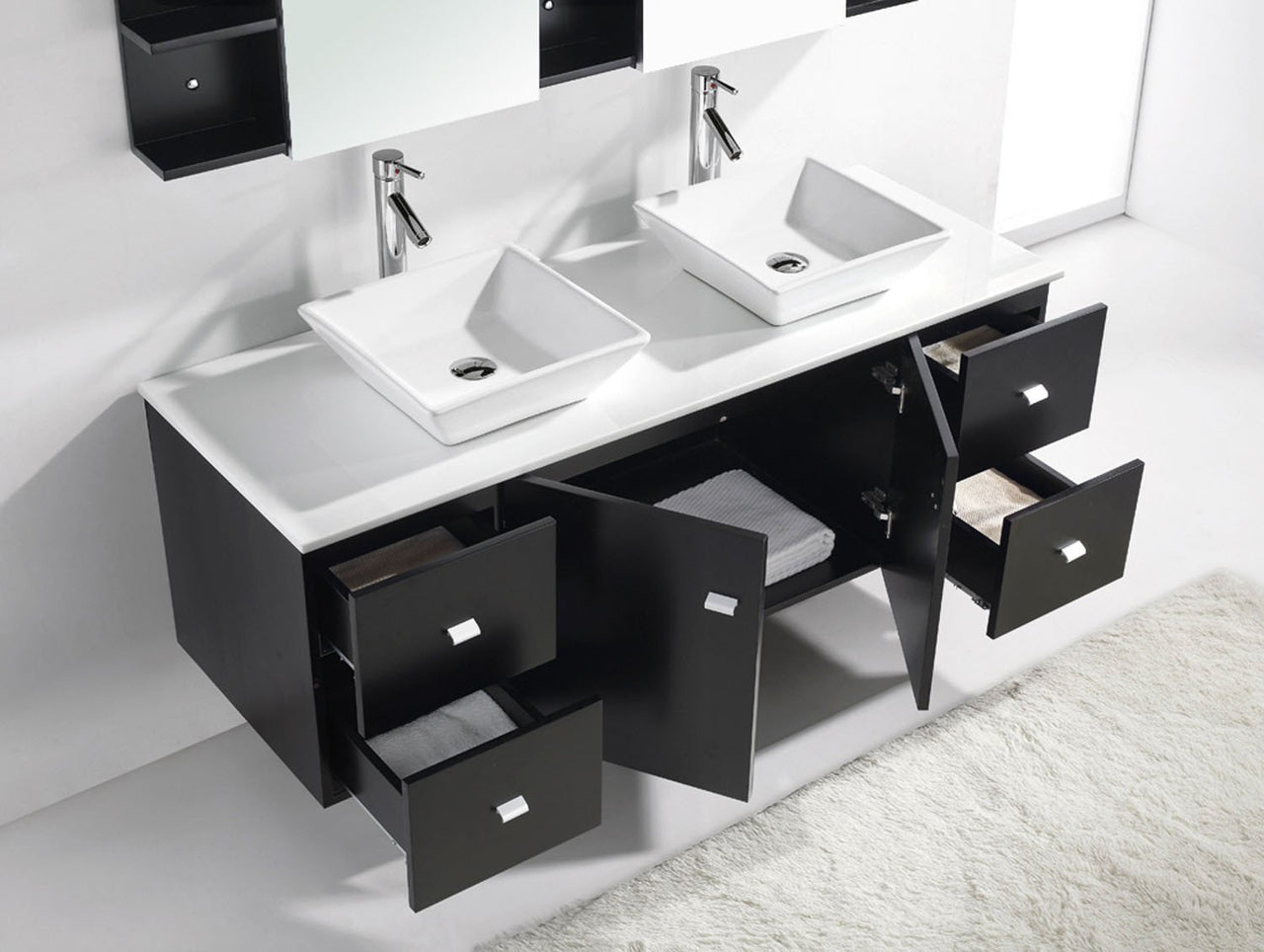 Virtu USA Clarissa 61" Double Square Sink Espresso Top Vanity in Espresso with Polished Chrome Faucet and Mirrors Vanity Virtu USA 