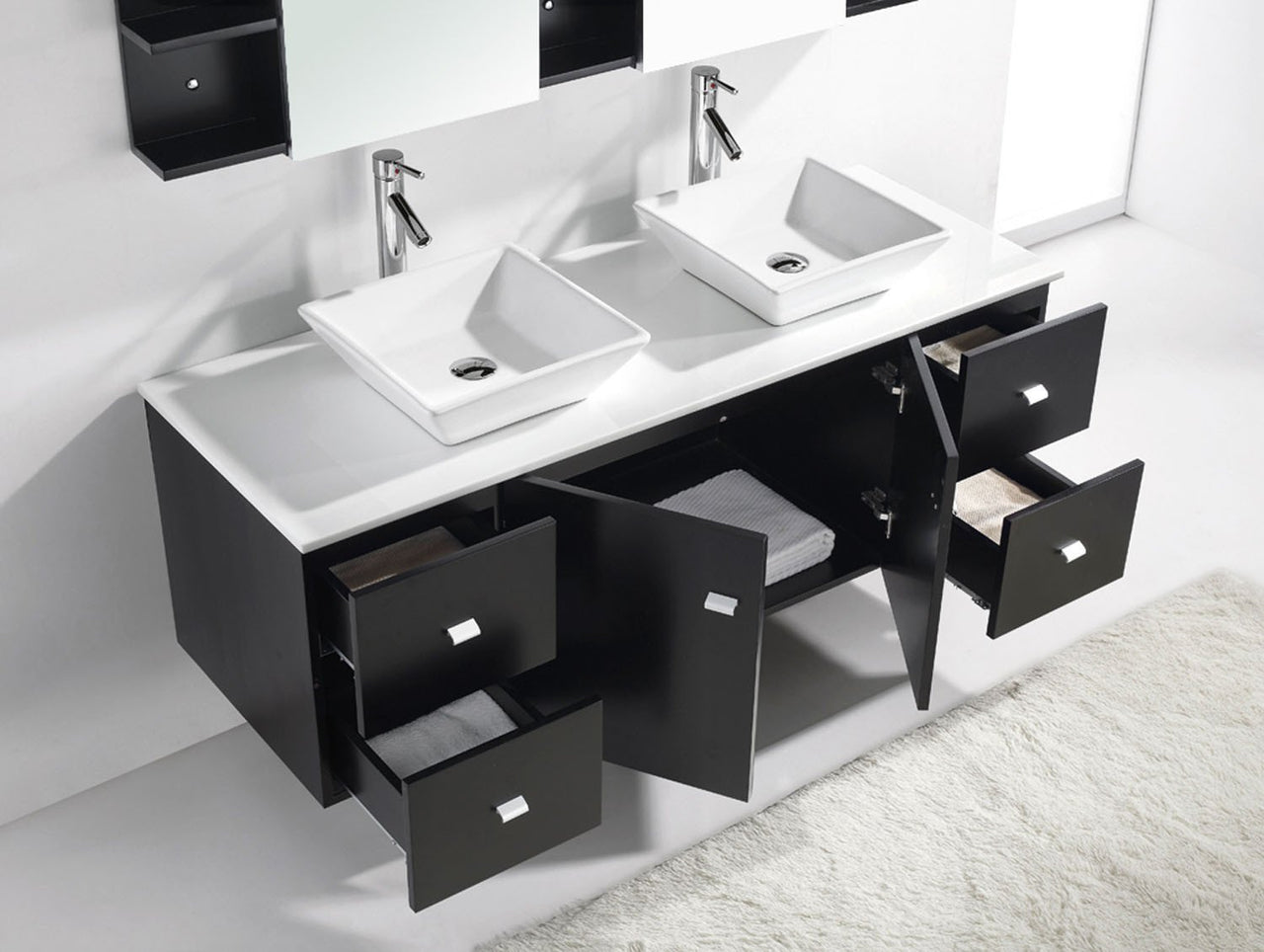 Virtu USA Clarissa 61" Double Square Sink Espresso Top with Brushed Nickel Faucet and Mirrors Vanity Virtu USA 