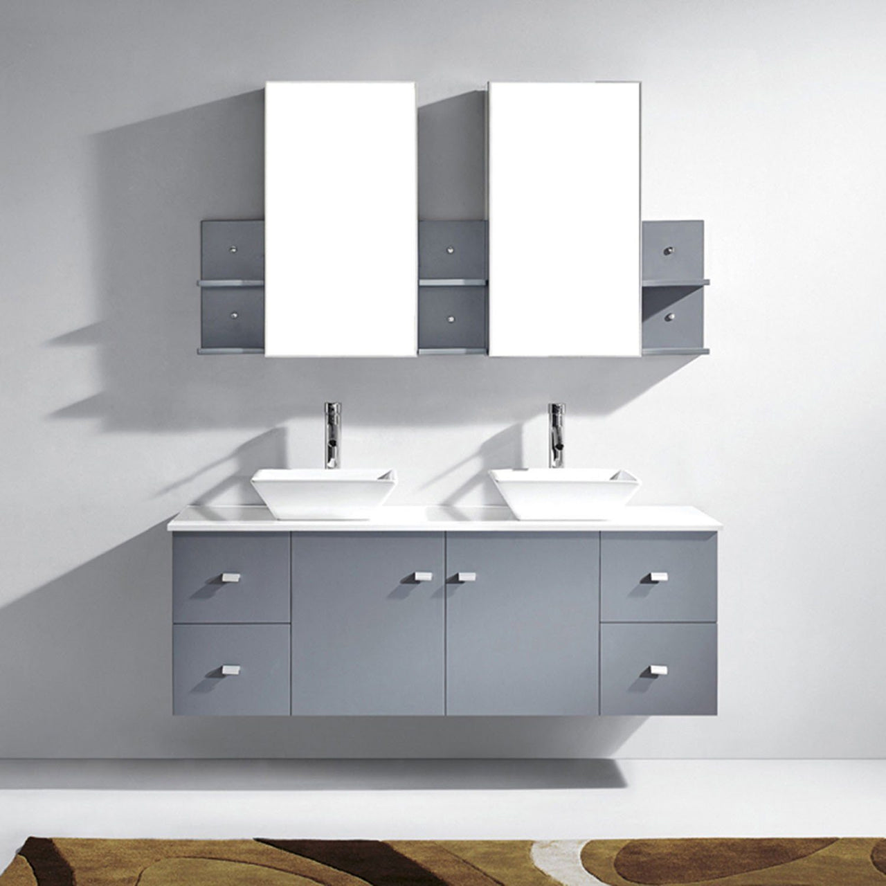 Virtu USA Clarissa 61" Double Square Sink Grey Top with Polished Chrome Faucet and Mirrors Vanity Virtu USA 