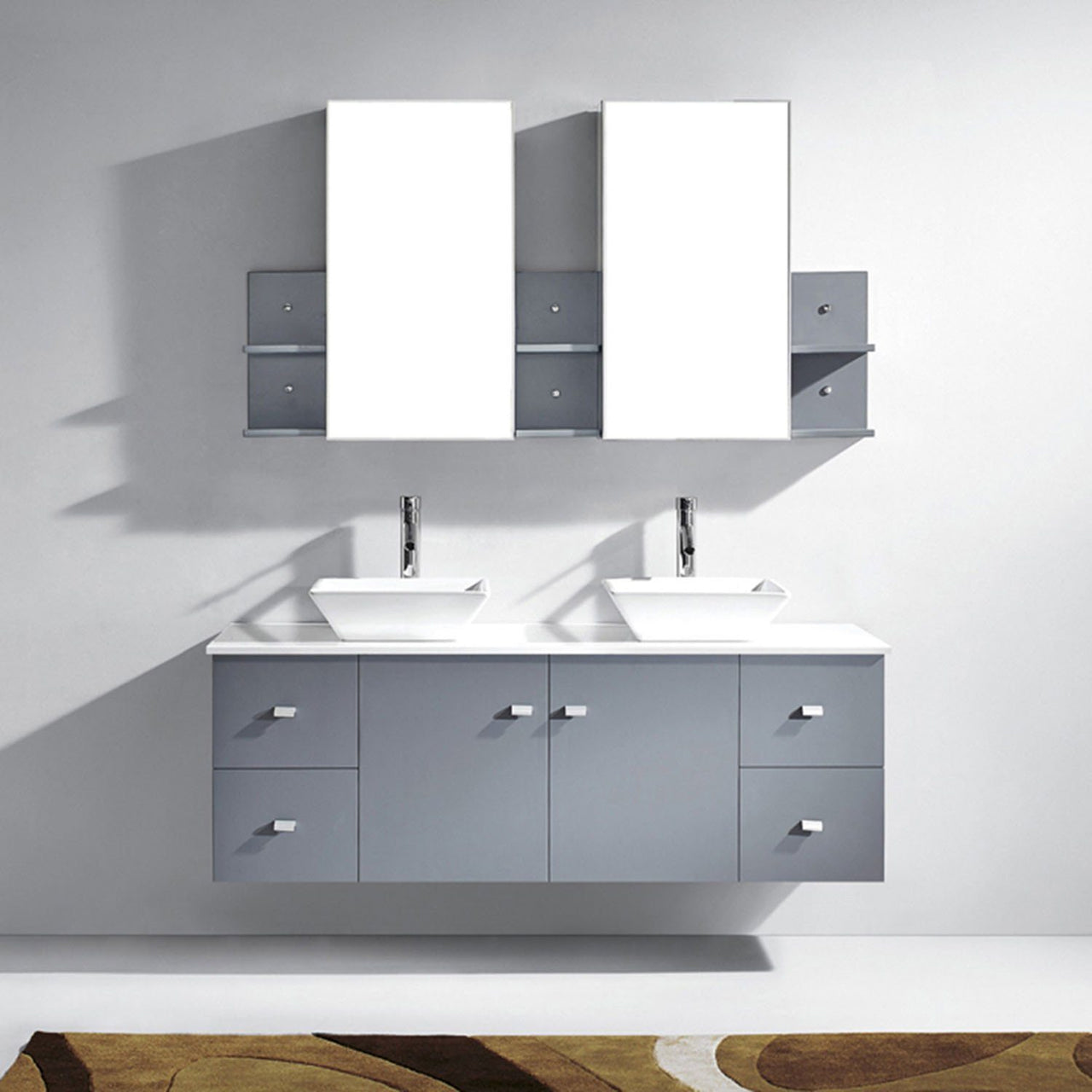 Virtu USA Clarissa 61" Double Square Sink Grey Top Vanity in Grey with Brushed Nickel Faucet and Mirrors Vanity Virtu USA 