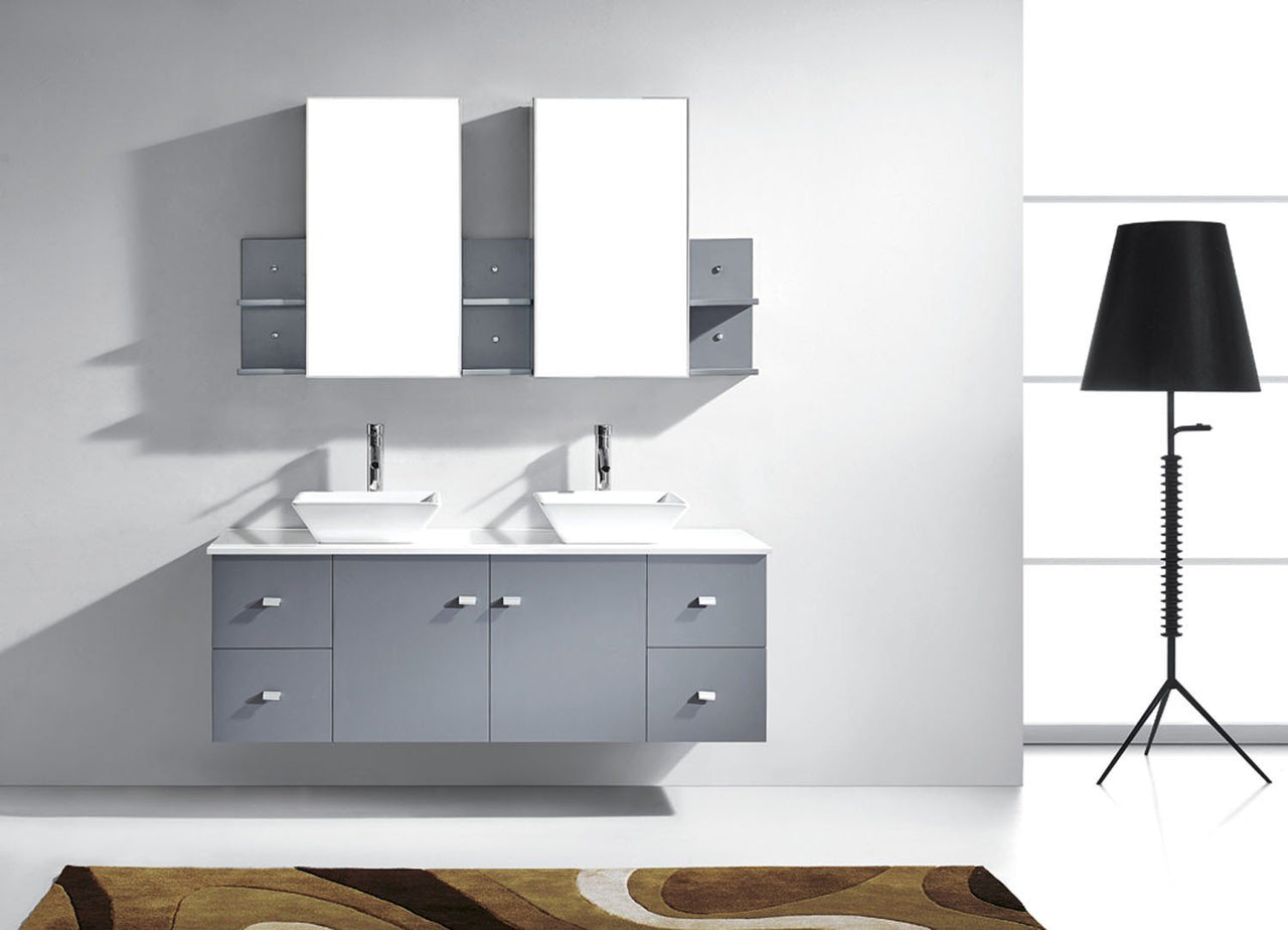 Virtu USA Clarissa 61" Double Square Sink Grey Top Vanity in Grey with Brushed Nickel Faucet and Mirrors Vanity Virtu USA 