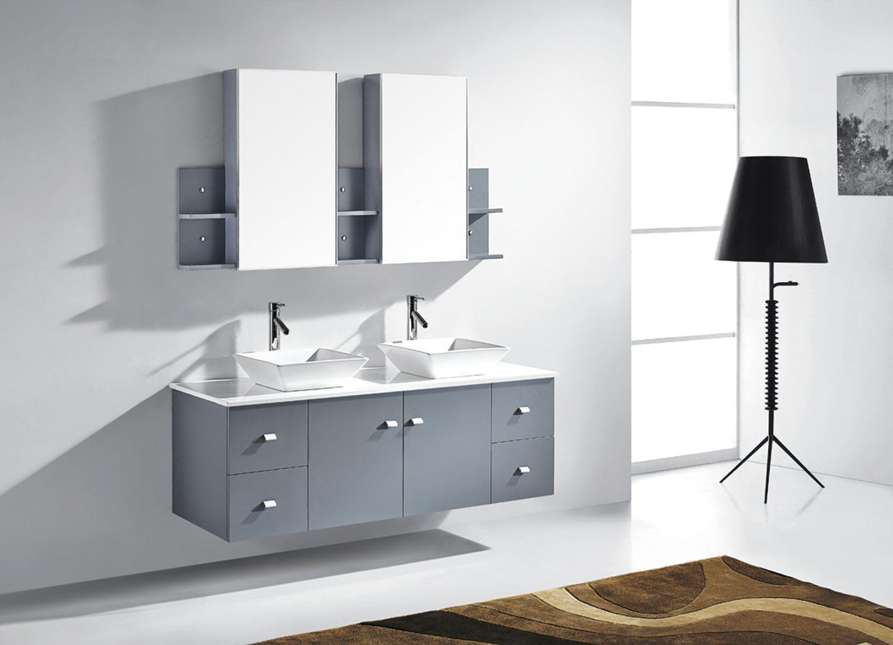 Virtu USA Clarissa 61" Double Square Sink Grey Top Vanity in Grey with Brushed Nickel Faucet and Mirrors Vanity Virtu USA 