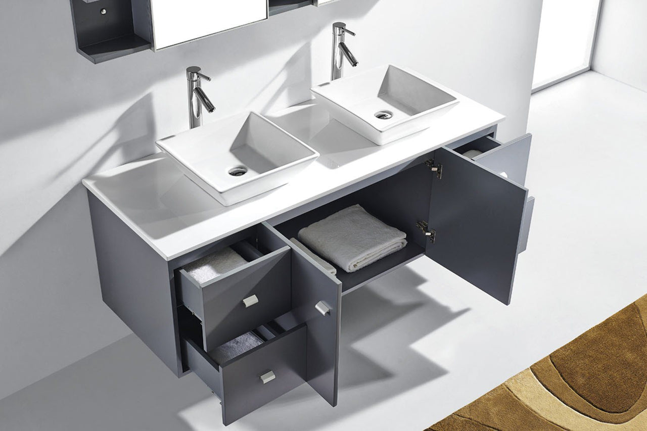 Virtu USA Clarissa 61" Double Square Sink Grey Top Vanity in Grey with Brushed Nickel Faucet and Mirrors Vanity Virtu USA 