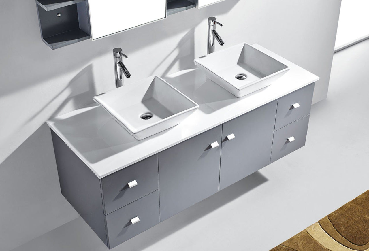 Virtu USA Clarissa 61" Double Square Sink Grey Top Vanity in Grey with Brushed Nickel Faucet and Mirrors Vanity Virtu USA 
