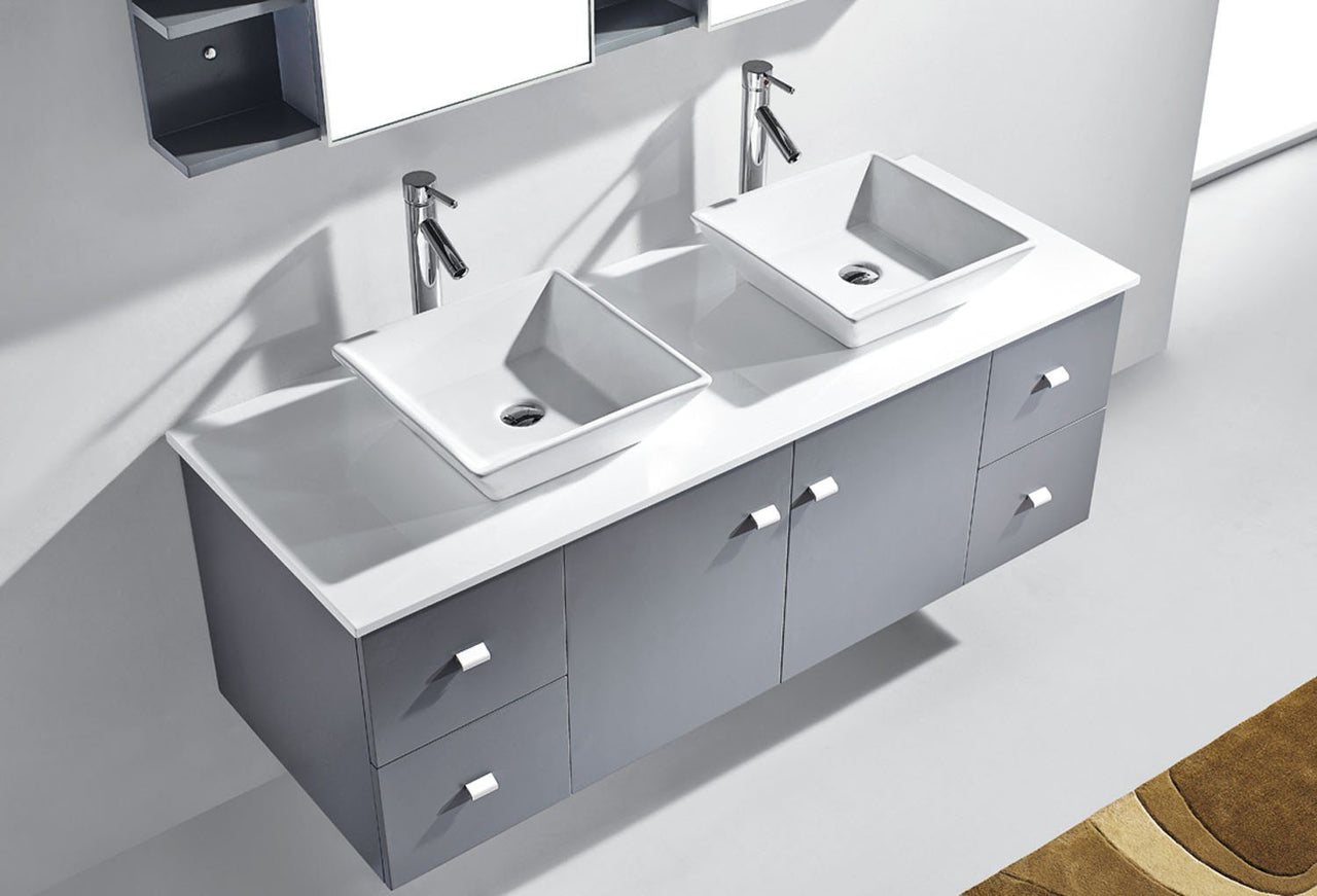 Virtu USA Clarissa 61" Double Square Sink Grey Top with Polished Chrome Faucet and Mirrors Vanity Virtu USA 