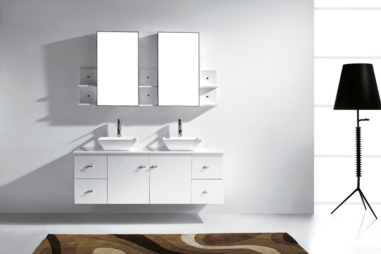 Virtu USA Clarissa 61" Double Square Sink White Top Vanity in White with Brushed Nickel Faucet and Mirrors Vanity Virtu USA 