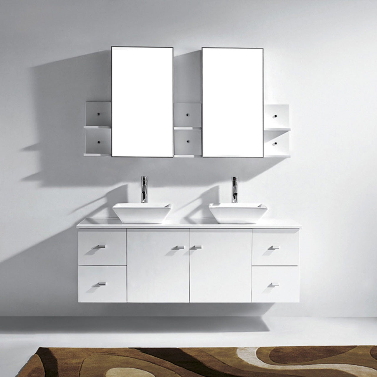 Virtu USA Clarissa 61" Double Square Sink White Top Vanity in White with Polished Chrome Faucet and Mirrors Vanity Virtu USA 