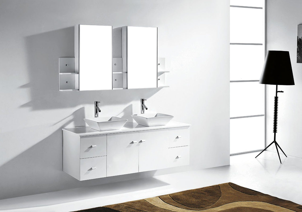 Virtu USA Clarissa 61" Double Square Sink White Top Vanity in White with Polished Chrome Faucet and Mirrors Vanity Virtu USA 