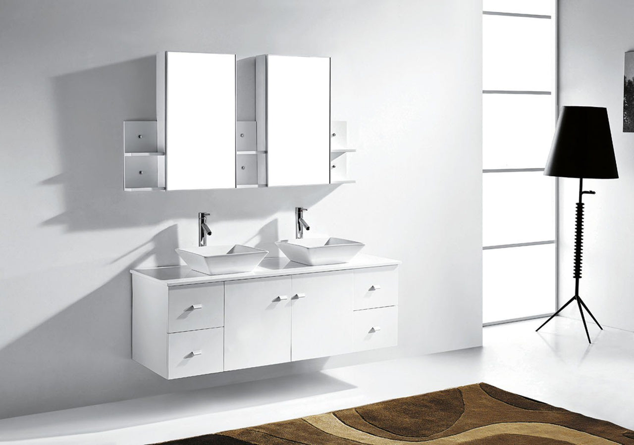 Virtu USA Clarissa 61" Double Square Sink White Top Vanity in White with Brushed Nickel Faucet and Mirrors Vanity Virtu USA 