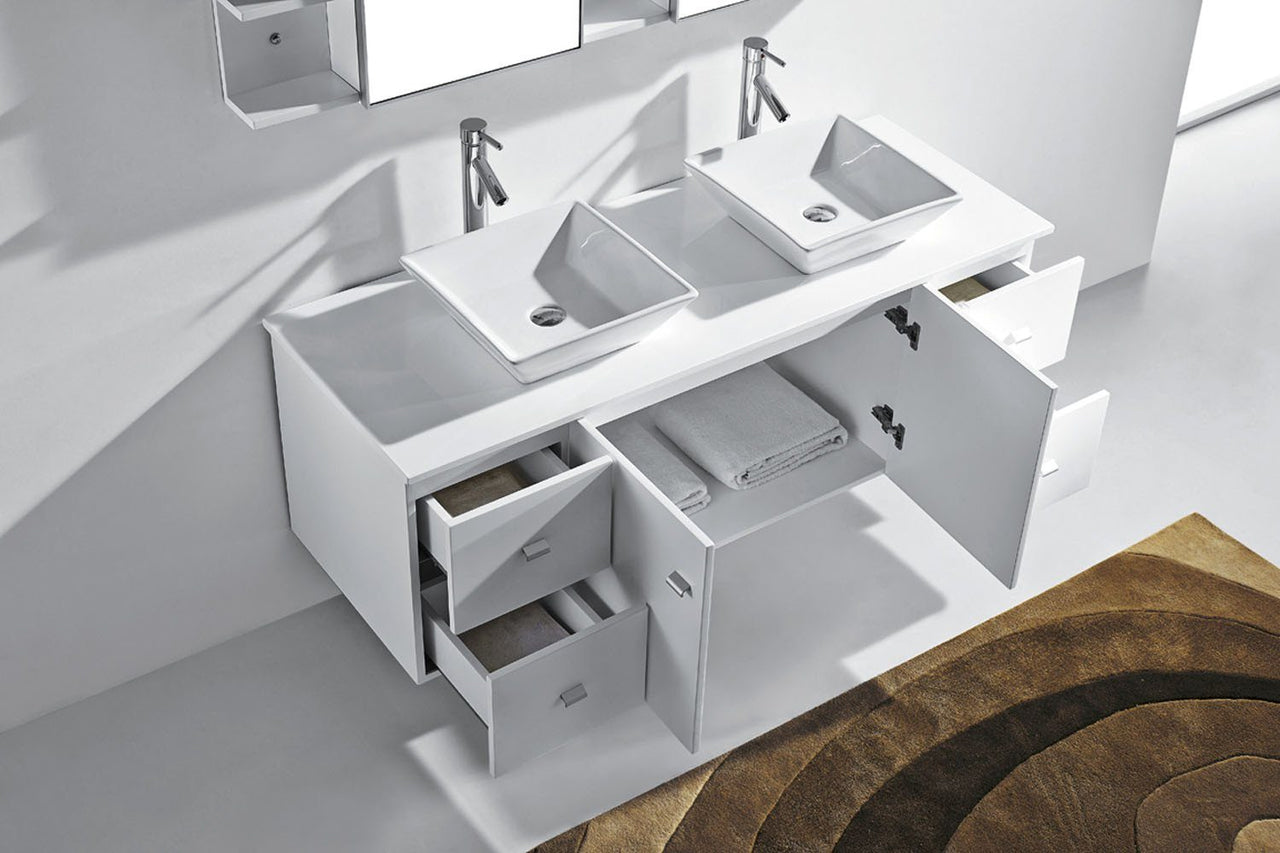 Virtu USA Clarissa 61" Double Square Sink White Top Vanity in White with Brushed Nickel Faucet and Mirrors Vanity Virtu USA 