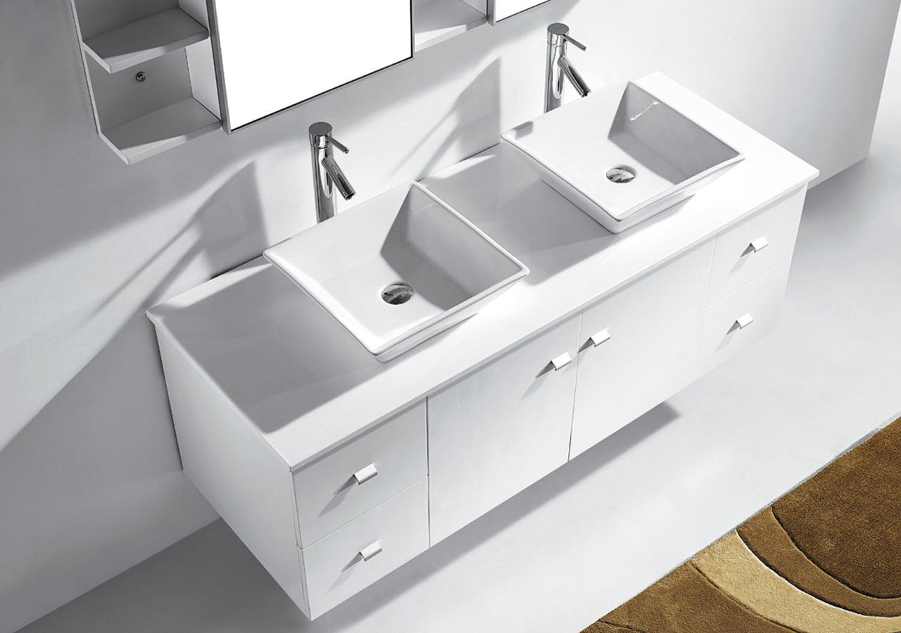 Virtu USA Clarissa 61" Double Square Sink White Top Vanity in White with Polished Chrome Faucet and Mirrors Vanity Virtu USA 