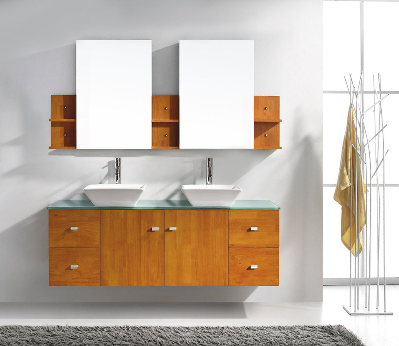 Virtu USA Clarissa 61" Double Square Sink Honey Oak Top Vanity with Brushed Nickel Faucet and Mirrors Vanity Virtu USA 