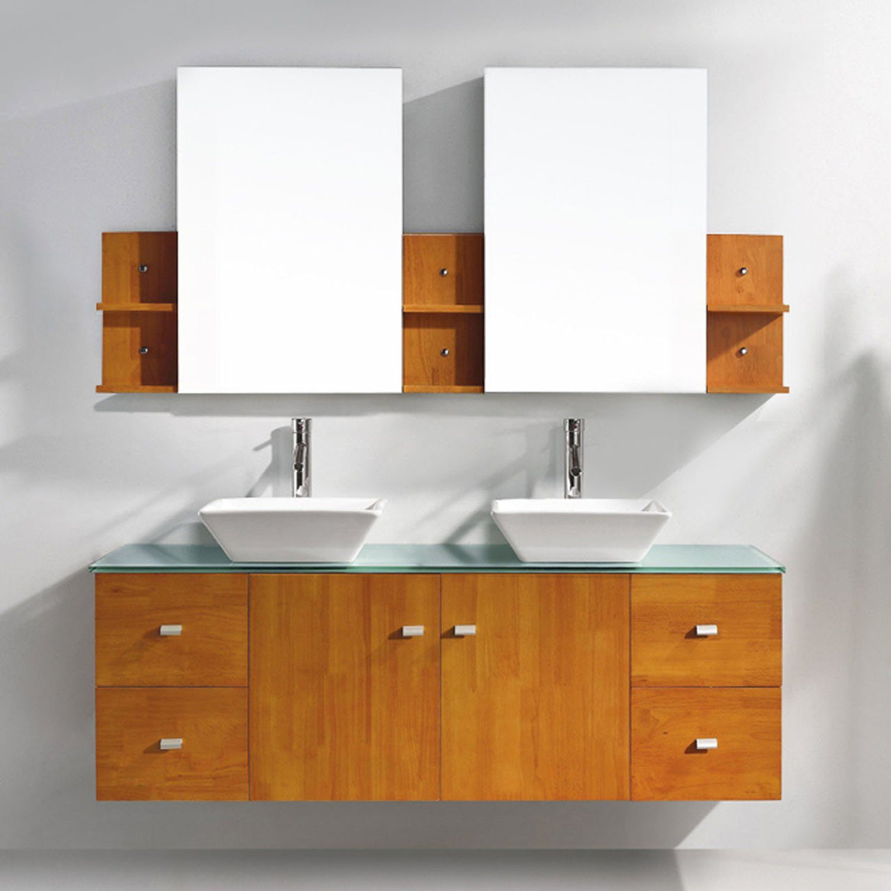 Virtu USA Clarissa 61" Double Square Sink Honey Oak Top Vanity with Brushed Nickel Faucet and Mirrors Vanity Virtu USA 