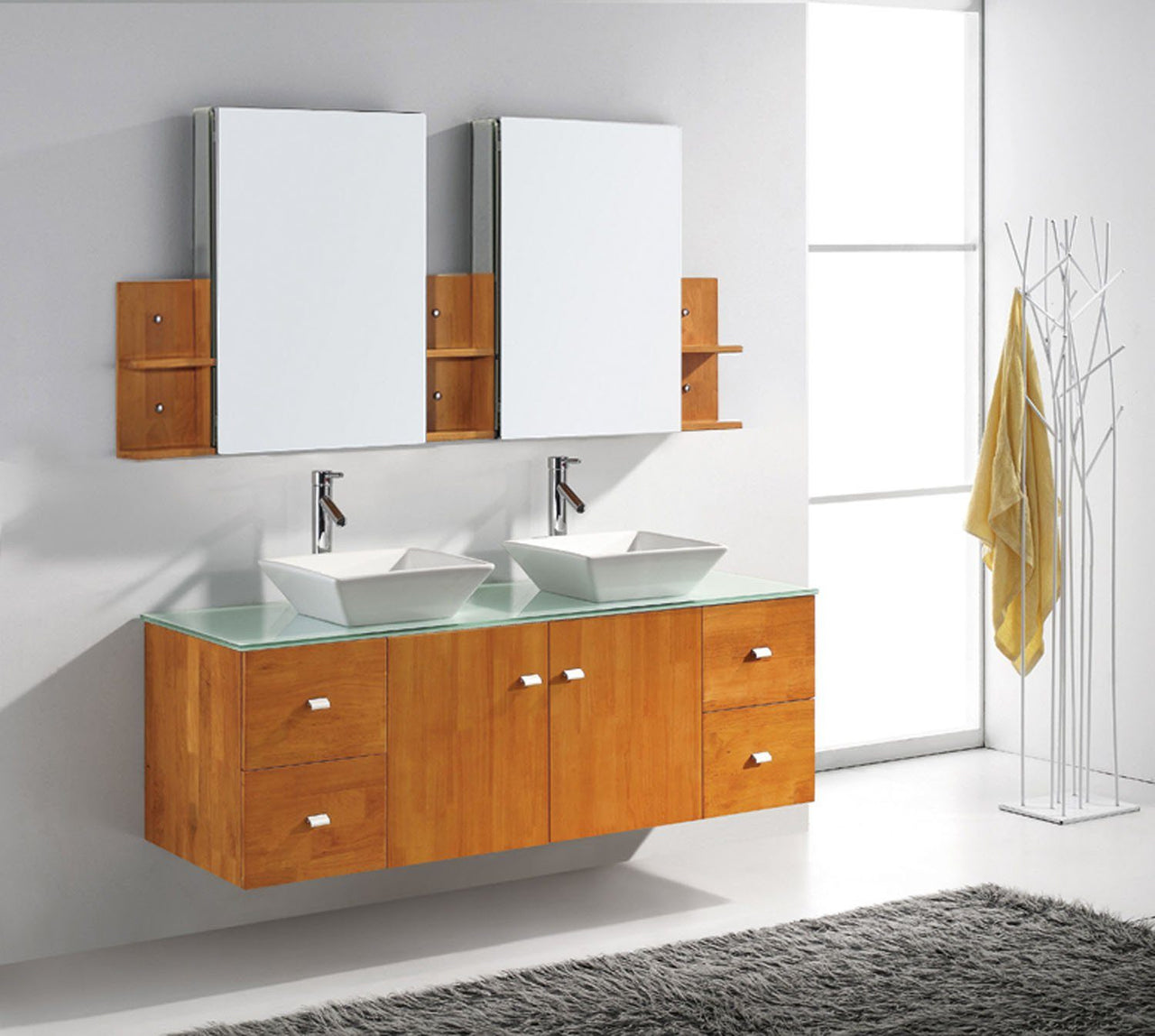 Virtu USA Clarissa 61" Double Square Sink Honey Oak Top Vanity with Brushed Nickel Faucet and Mirrors Vanity Virtu USA 