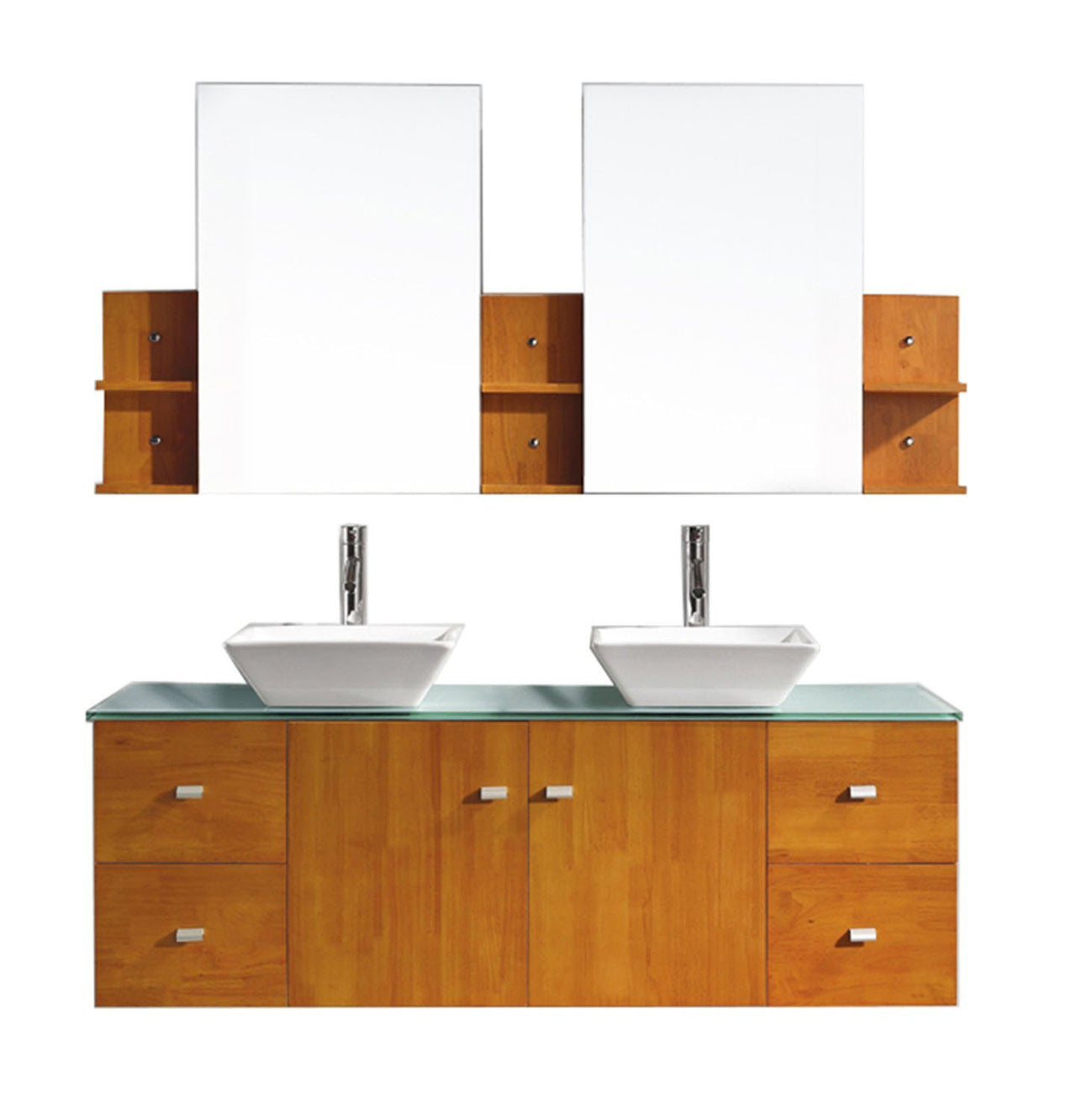Virtu USA Clarissa 61" Double Square Sink Honey Oak Top Vanity with Brushed Nickel Faucet and Mirrors